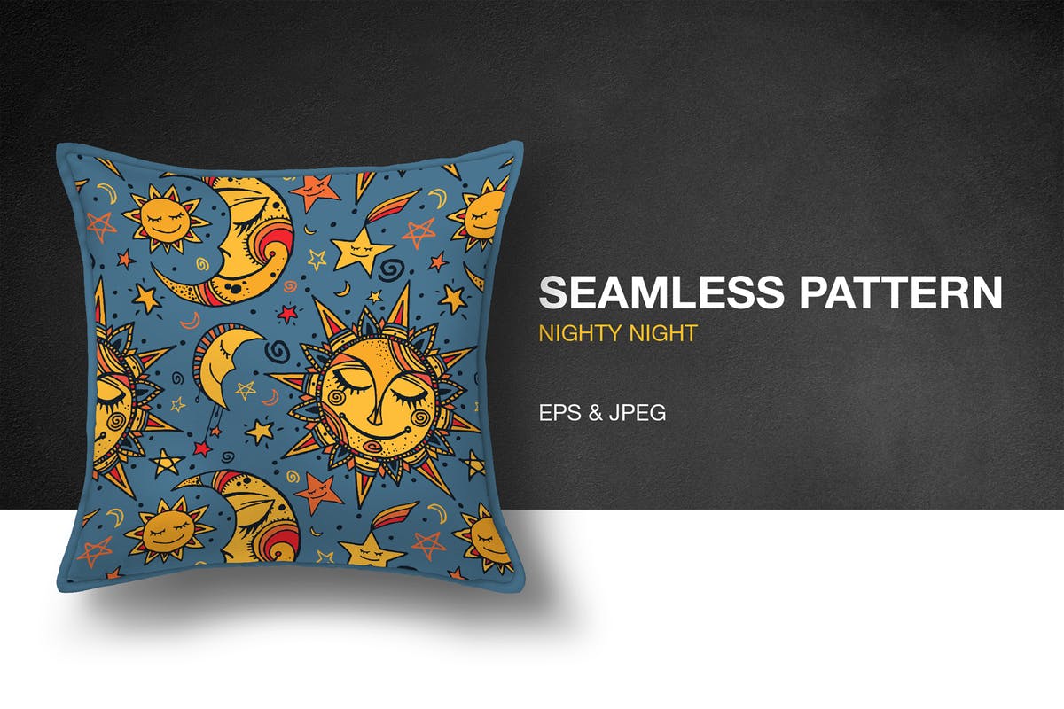 可爱星空童话图案无缝素材 Nighty Night Seamless Pattern