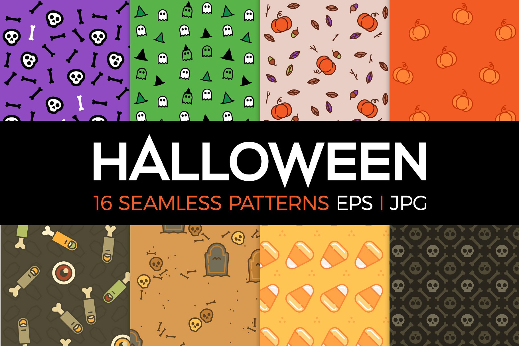 16款万圣节主题风格图案印花设计素材 16 spooky Halloween patterns