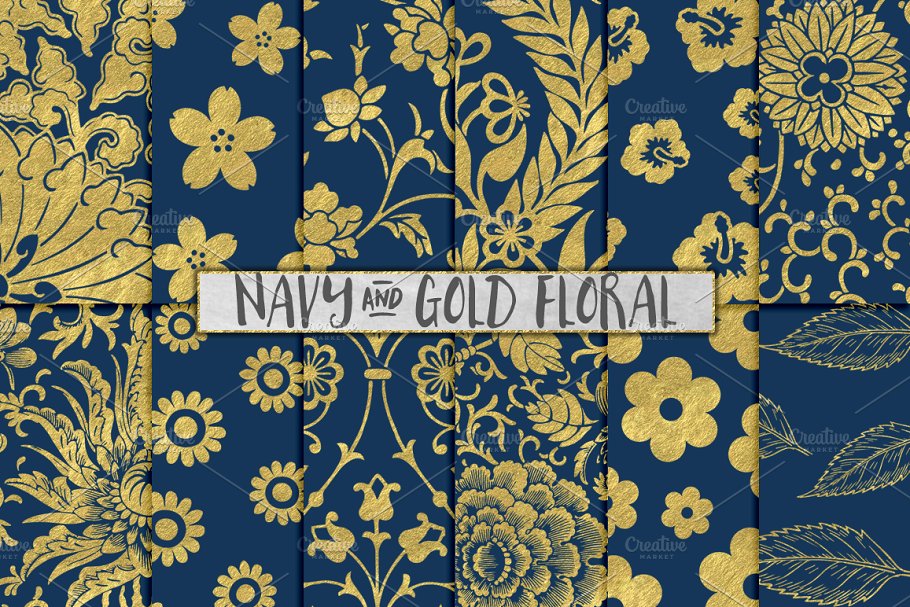 海军蓝和金色花卉图案背景 Navy and Gold Floral Backgrounds
