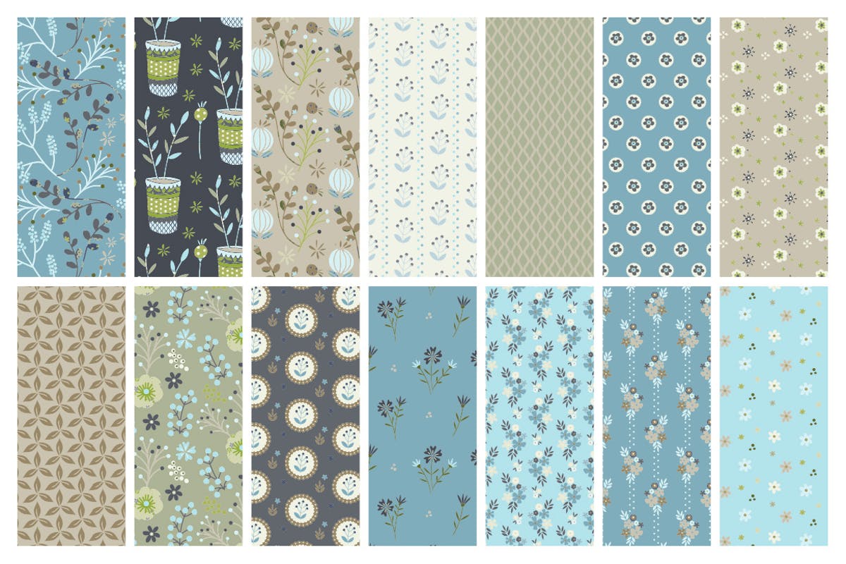 手绘花卉图案淡蓝色背景素材 Floral Soft Blue Patterns