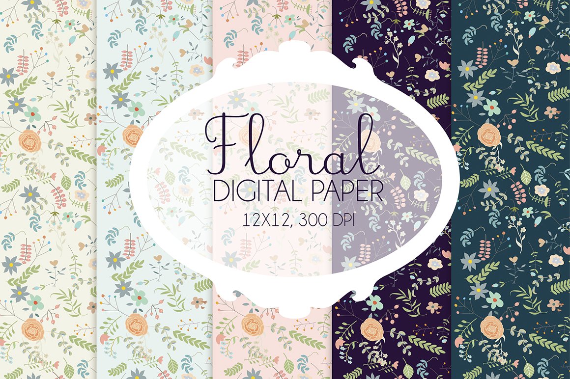 手绘花卉元素图案数码纸张素材 Floral digital paper