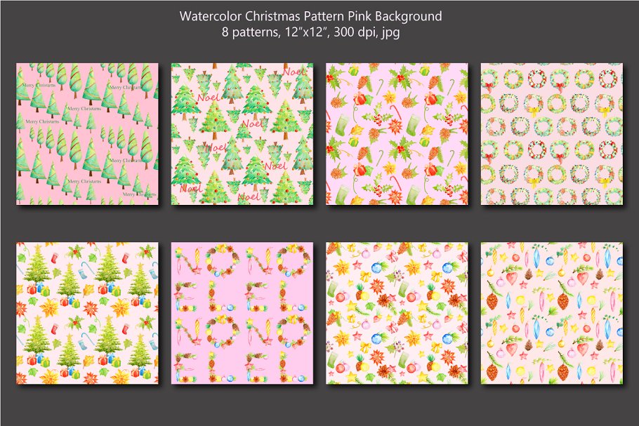 圣诞节主题水彩图案花纹素材 Watercolor Christmas Pattern Pink