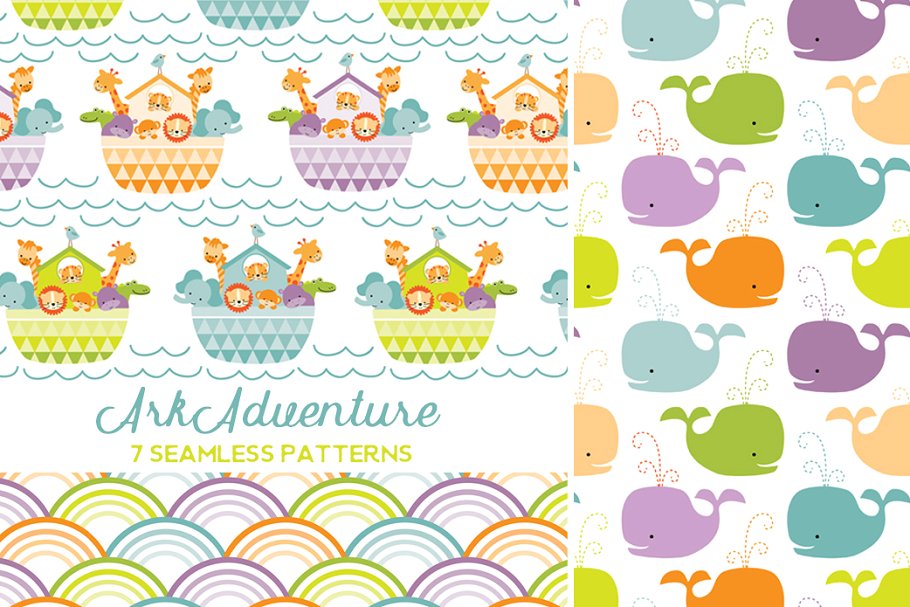 可爱的诺亚方舟动物探险无缝图案 Ark Adventure Seamless Patterns