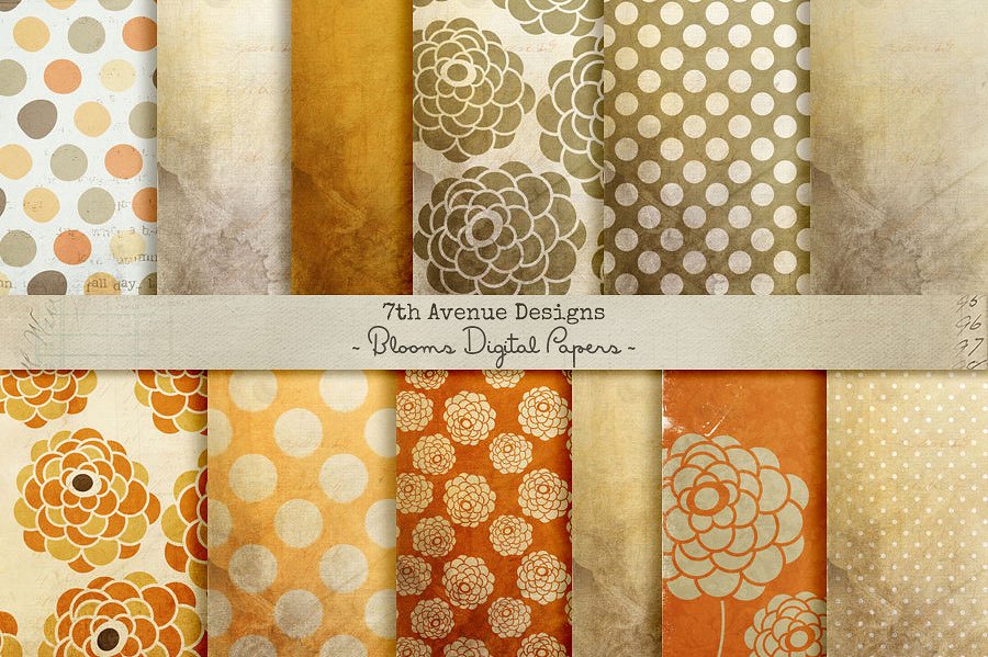 金箔花卉花纹图案数码纸张纹理 Blooms Digital Paper