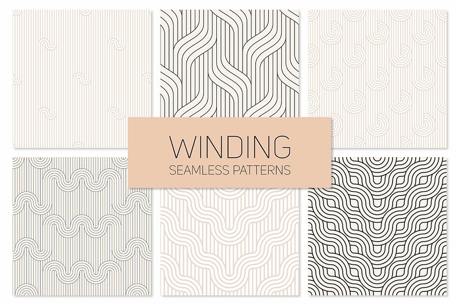 曲线线条几何图形花样素材 Winding Seamless Patterns. Set 2