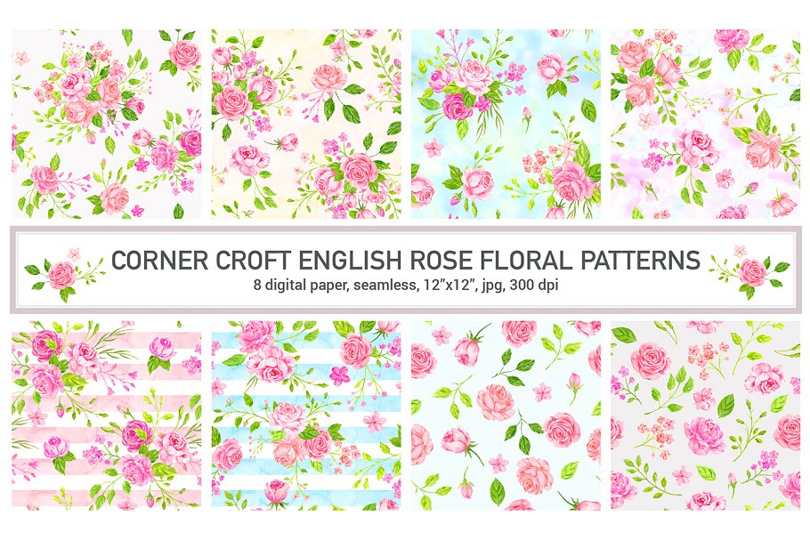 浪漫手绘水彩玫瑰花卉背景 Watercolor Pattern English Rose