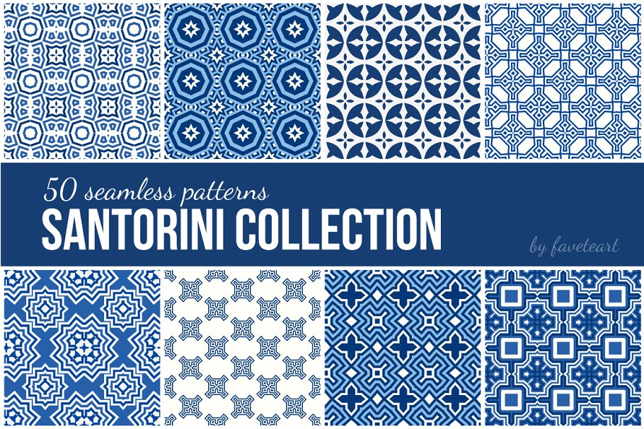 50款无缝蓝白配色纹理 EPS+JPG 50 Seamless Patterns EPS+JPG