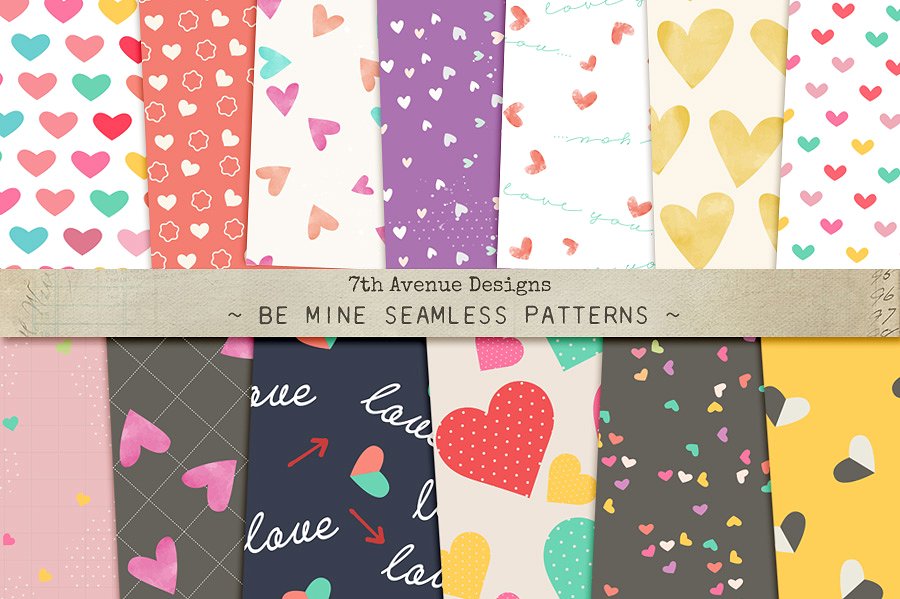 爱心心形礼品包装纸张纹理 Be Mine Seamless Patterns