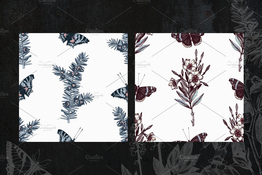 无缝有毒植物蝴蝶图案纹理 Poisonous Plants & Flowers Patterns