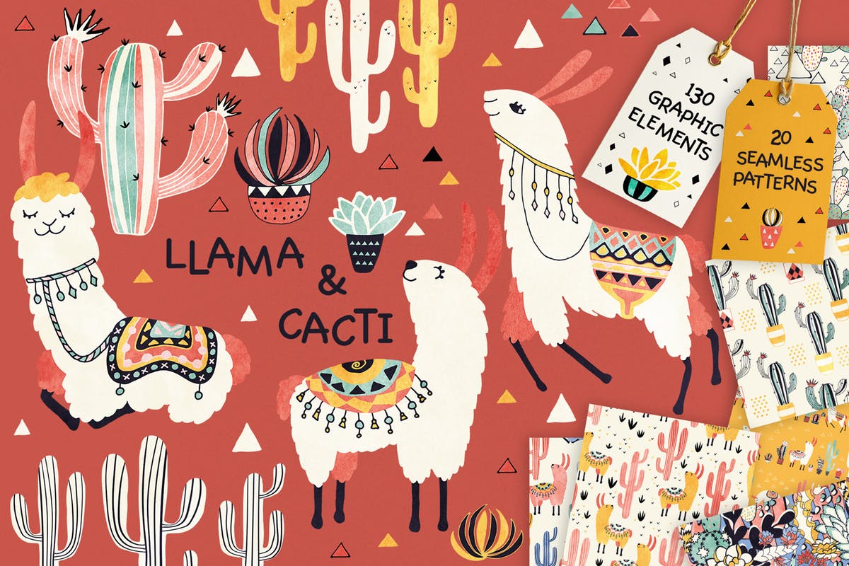 美洲驼和仙人掌水彩剪贴画&纹理 Llamas and Cacti