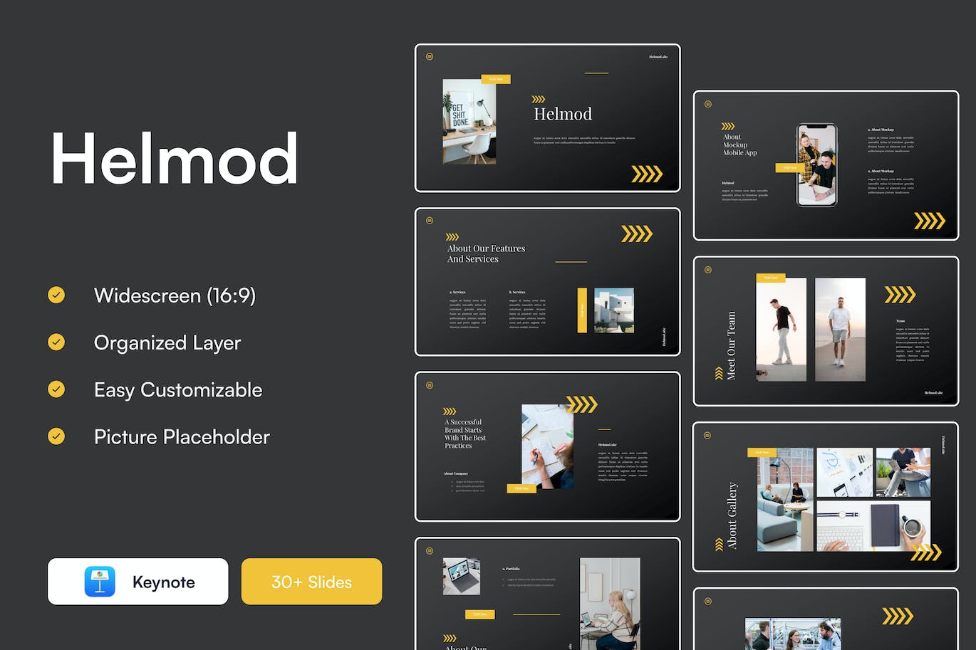 现代暗黑配色方案Keynote创意模板 Helmod – Modern Dark Theme Keynote