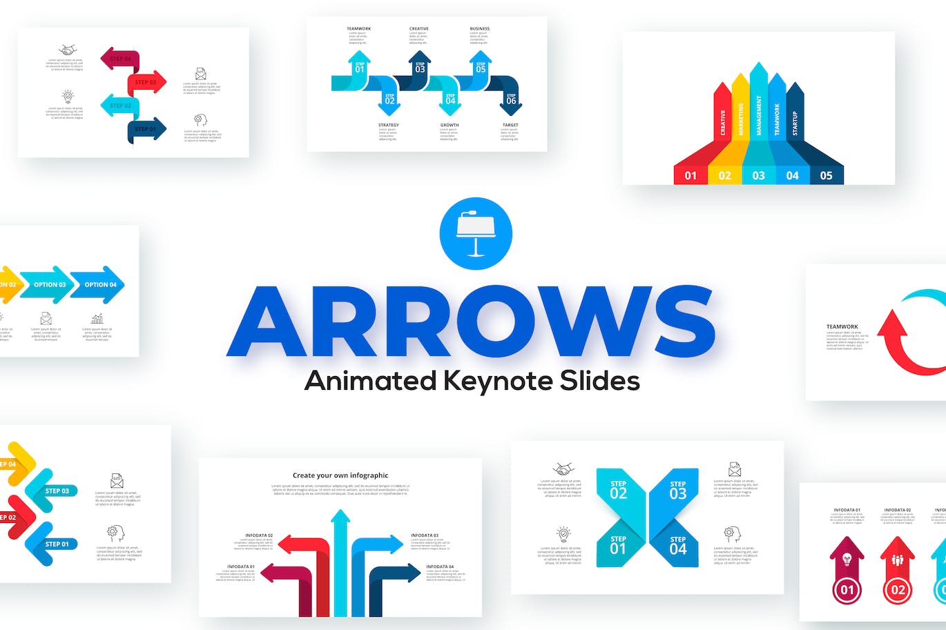 箭头动画图表Keynote幻灯片演示文稿模板 Arrows Animated Keynote Presentation. Set 01.