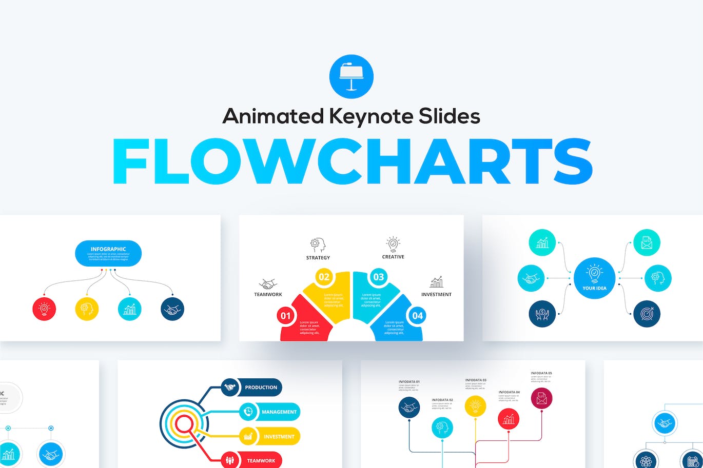 数据流程图演示Keynote模板 Flowcharts Keynote Presentation Templates. Set 02.