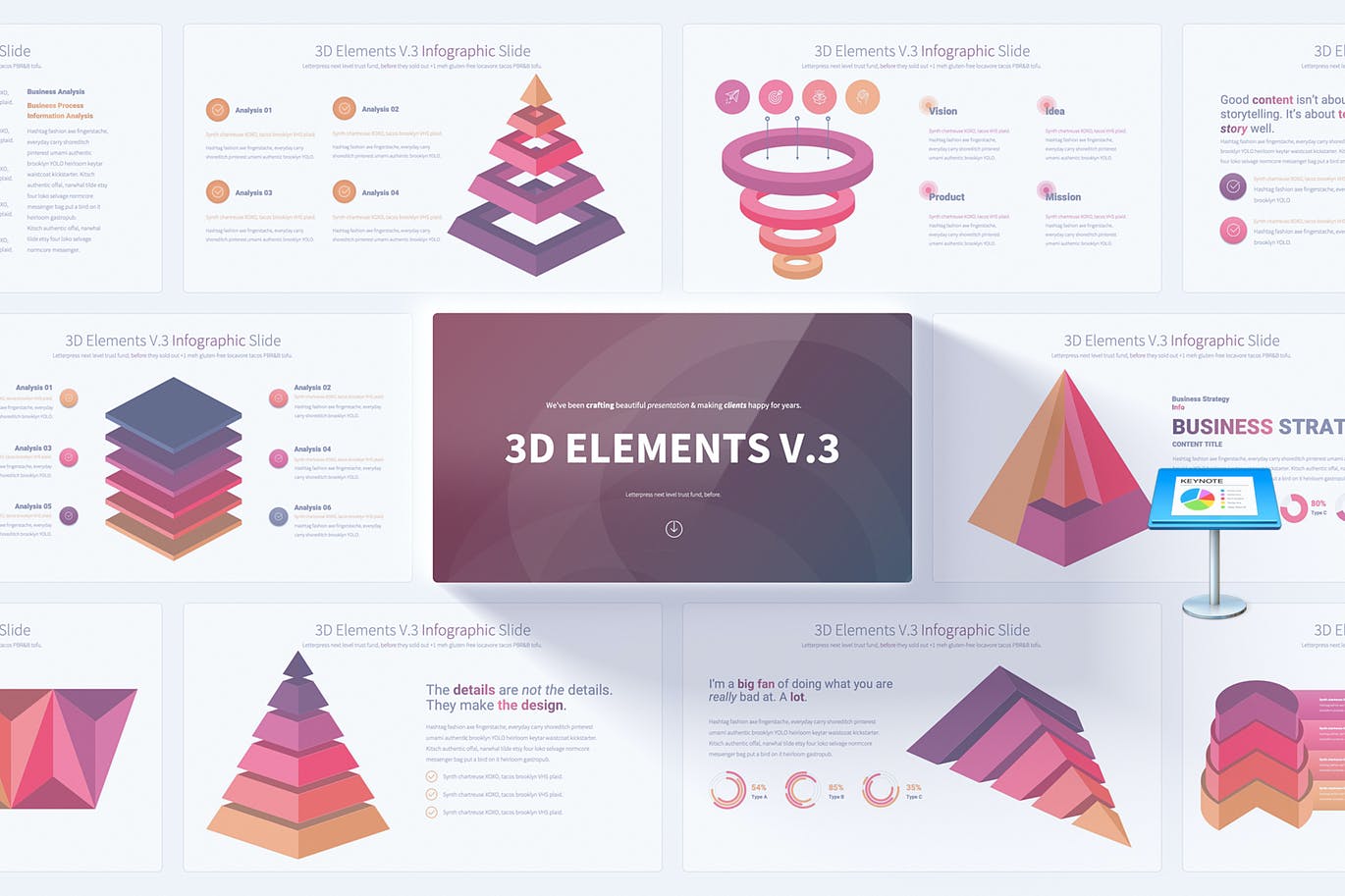 3D信息图表元素Keynote幻灯片模板v3 3D Elements V.3 – Keynote Infographics Slides