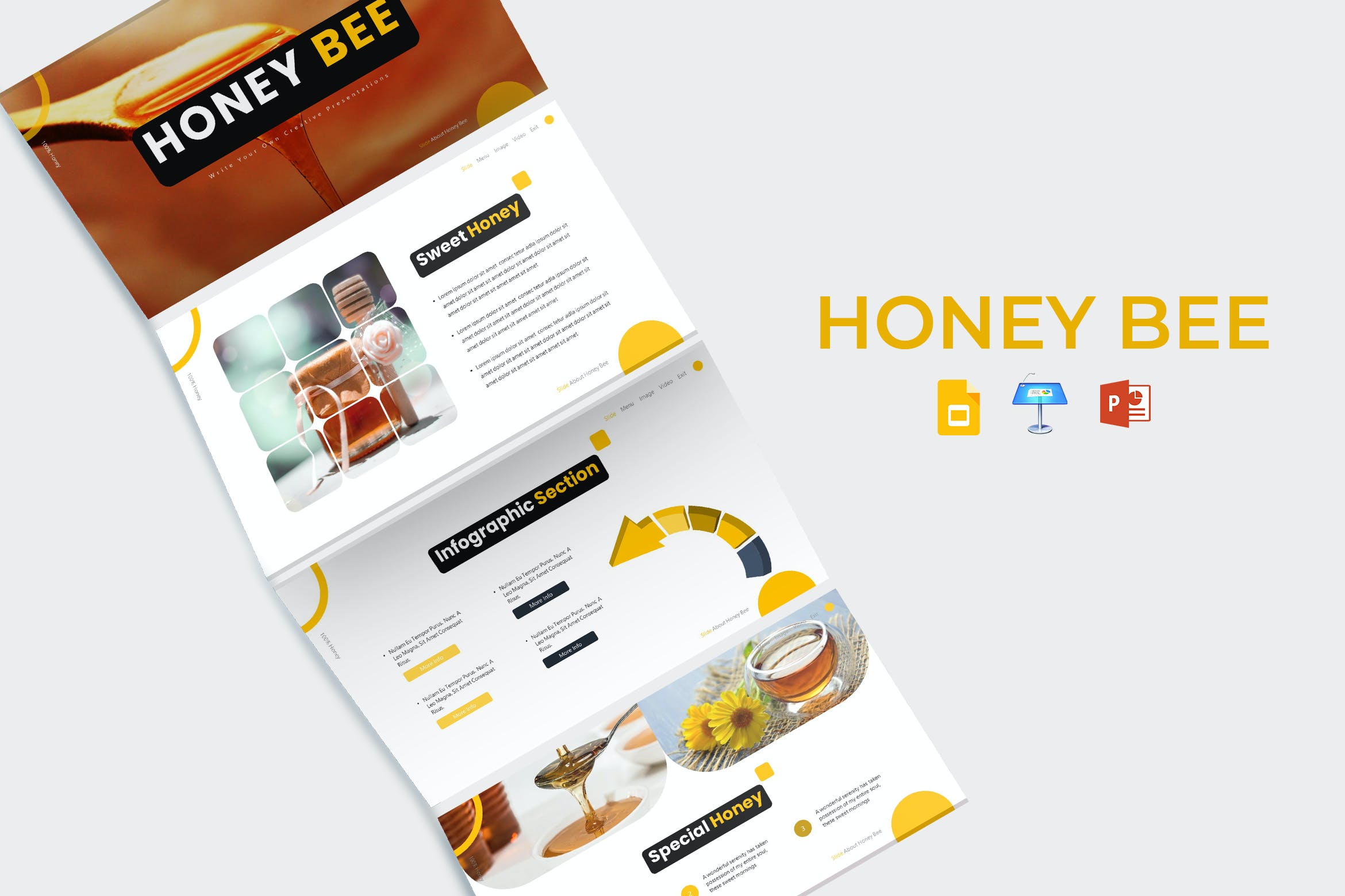 蜜蜂产品PPT/Keynote/谷歌幻灯片三合一模板 Honey Bee – Presentation Template