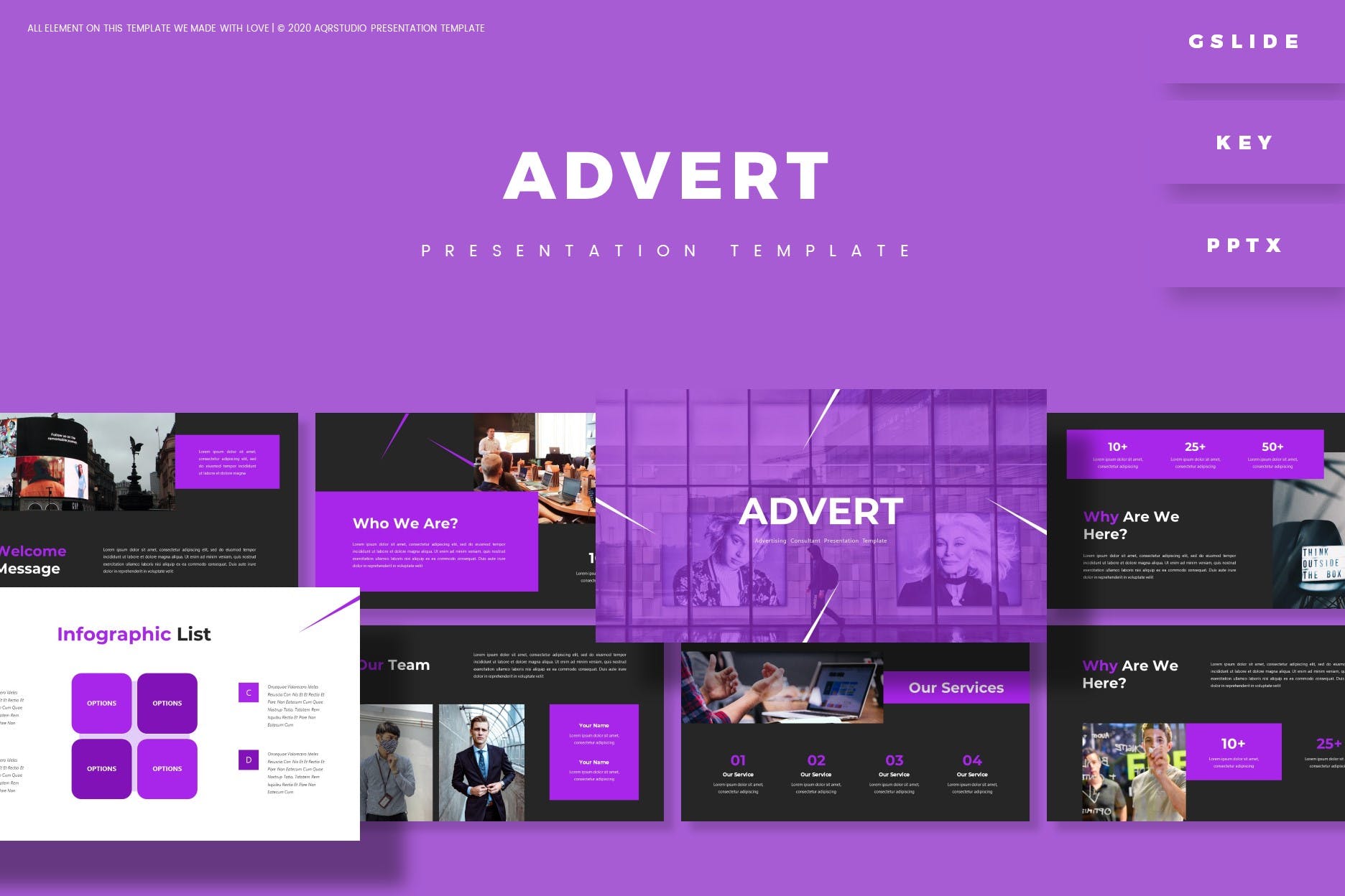 紫黑高雅配色PPT/Keynote/谷歌幻灯片三合一模板 Advert – Presentation Template