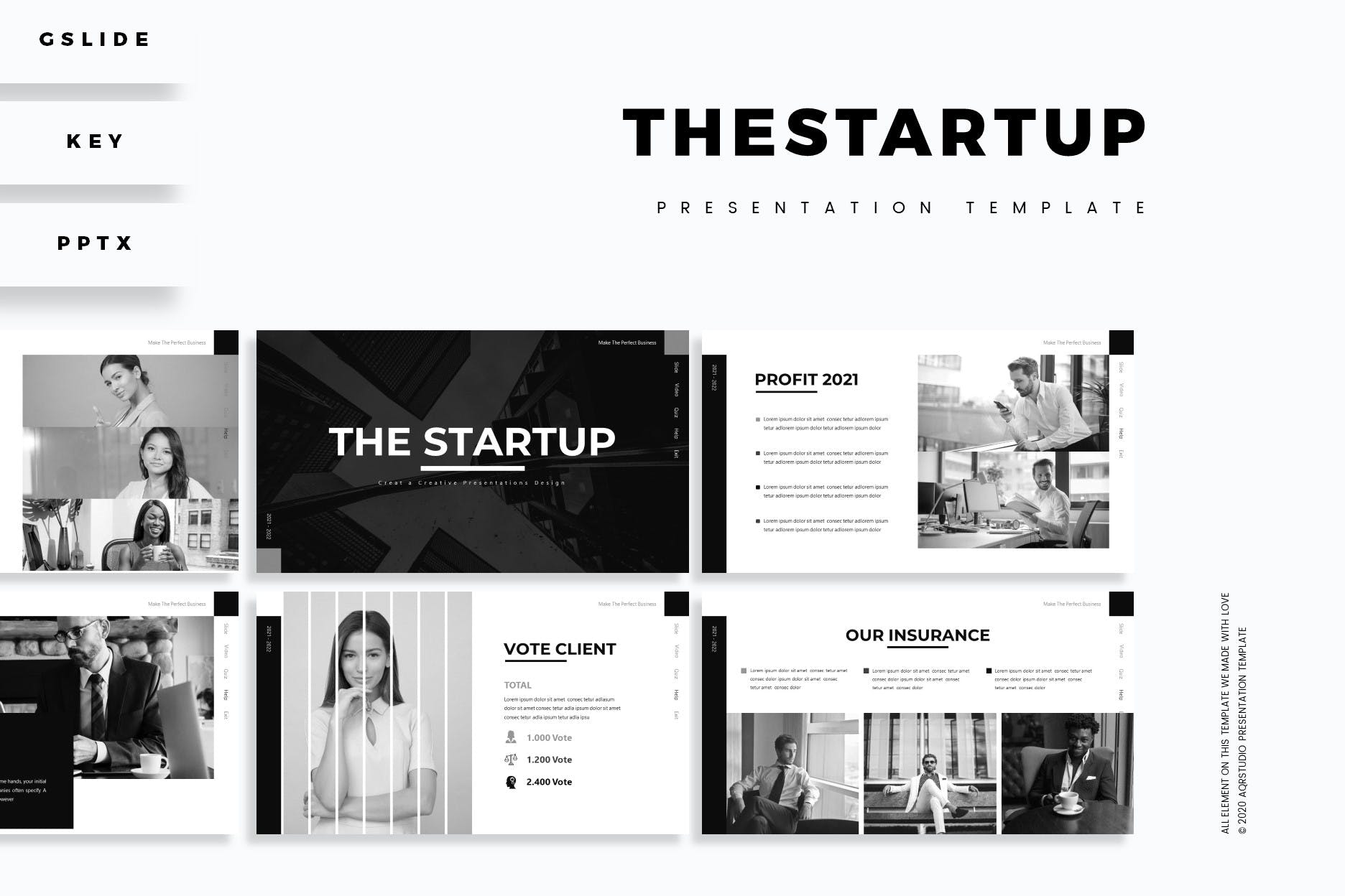 黑白风商业PPT/Keynote/谷歌幻灯片三合一模板 The Startup – Presentation Template
