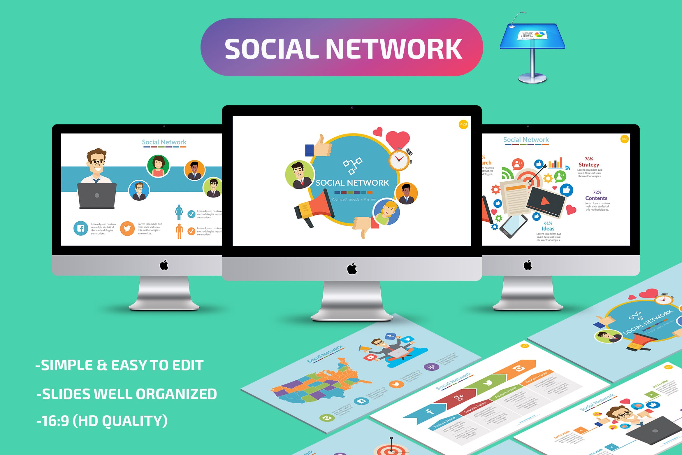 卡通插画社交主题Keynote幻灯片创意模板 Social Keynote Presentation