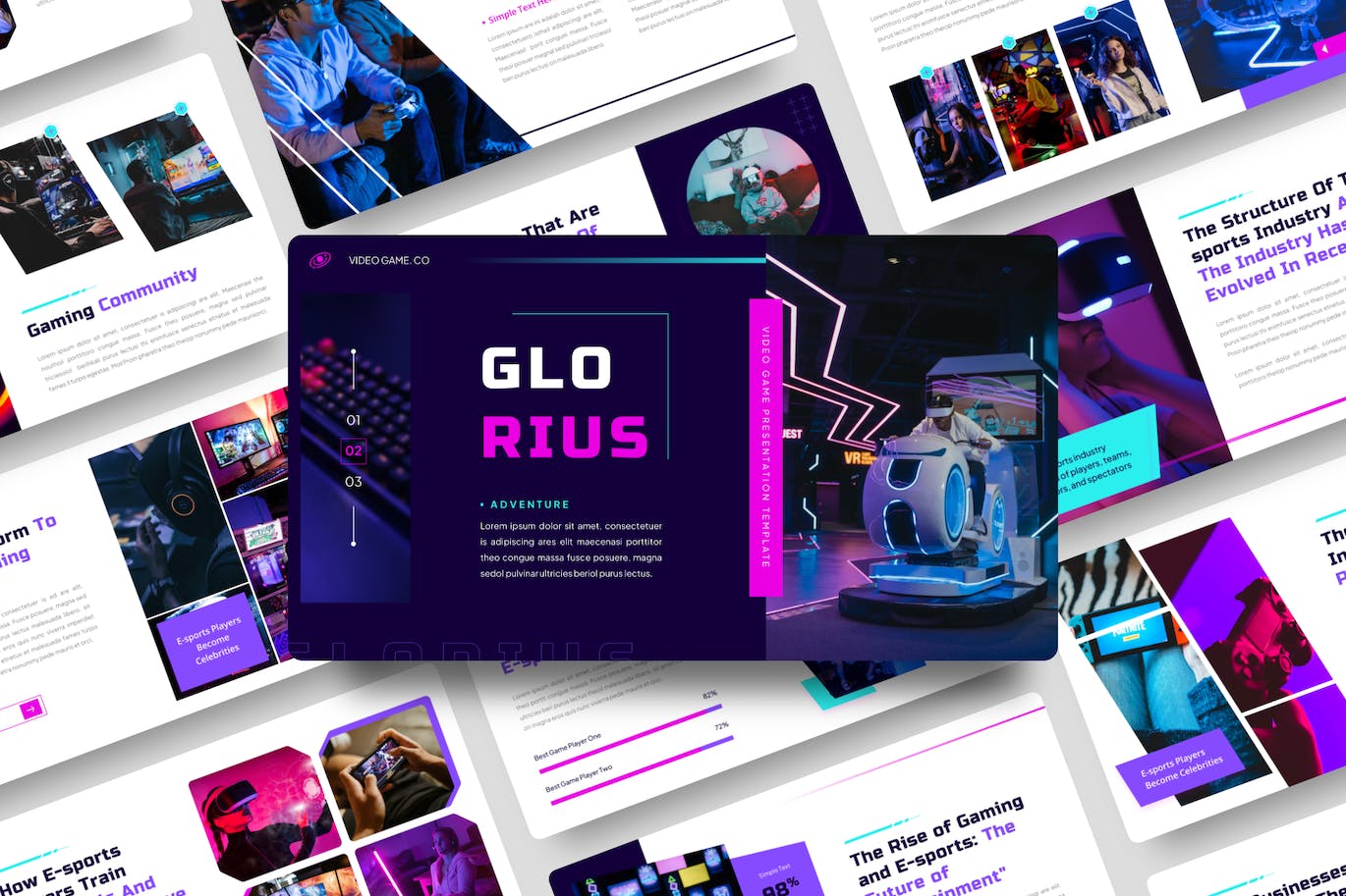 游戏世界探索创作Keynote幻灯片设计模板 Glorius – Video Game Keynote Template