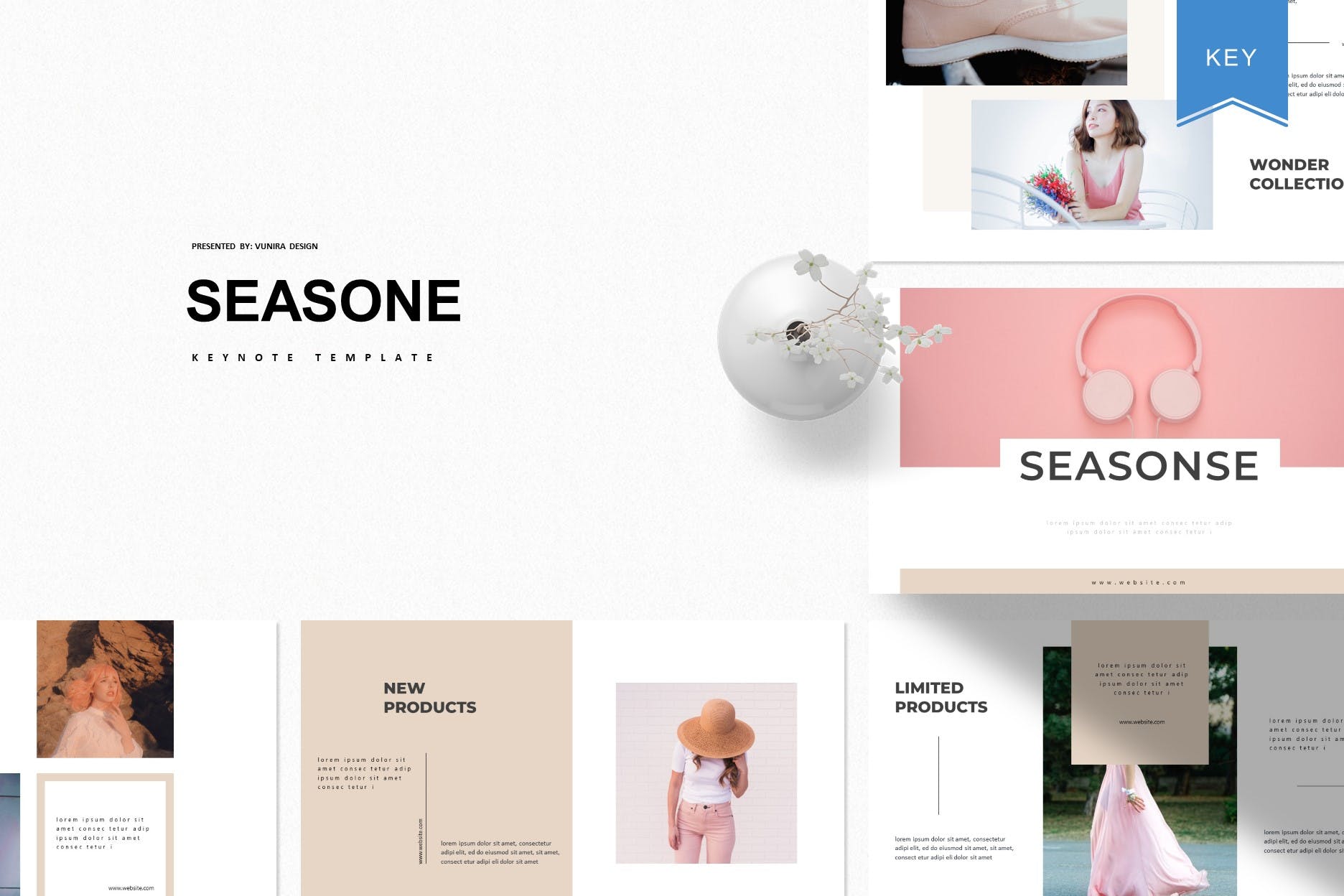 粉色女性主题适用的Keynote幻灯片模板 Seasone | Keynote Template