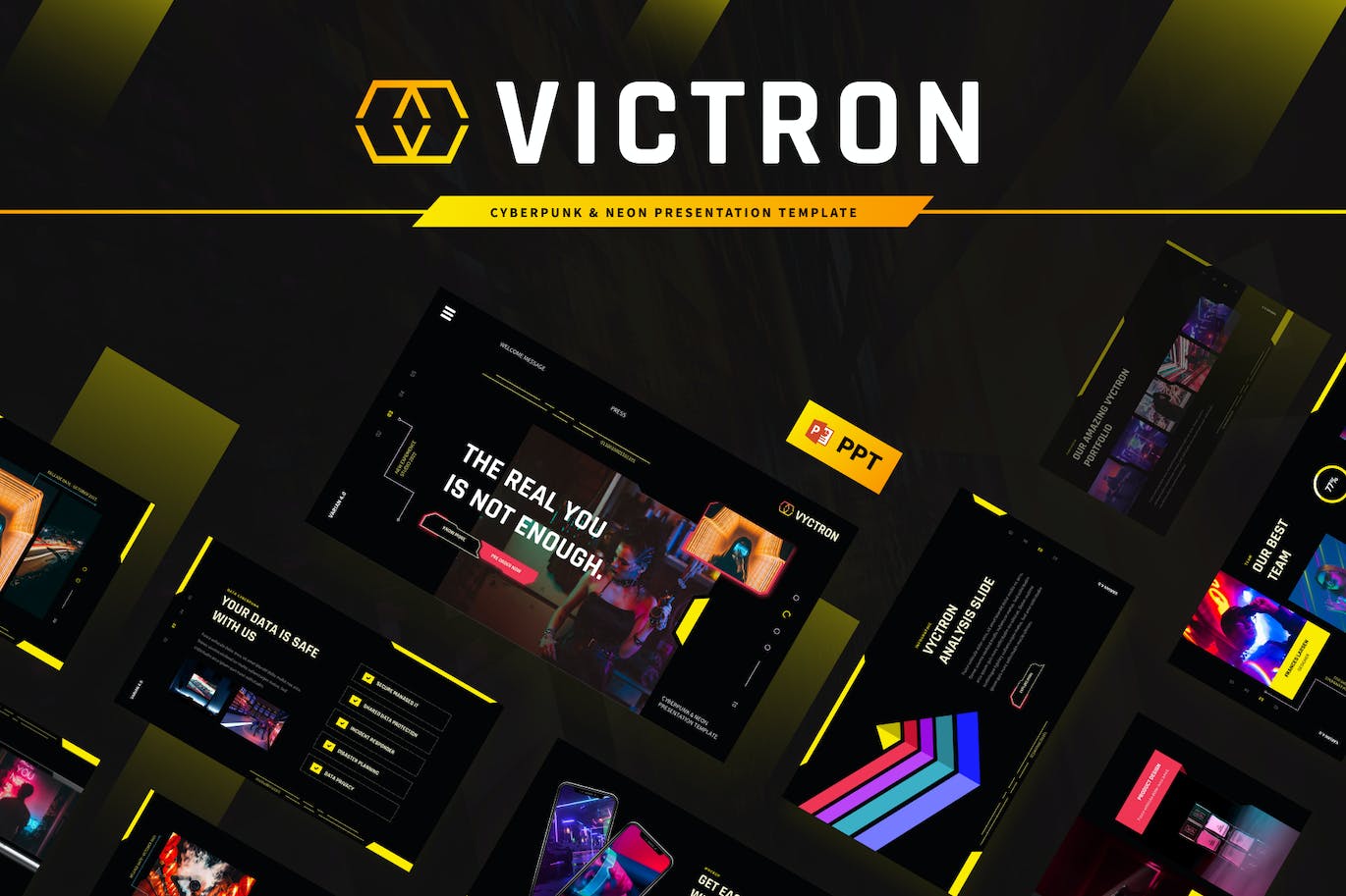 赛博朋克和霓虹灯PPT素材 VYCTRON – Cyberpunk & Neon Powerpoint Template