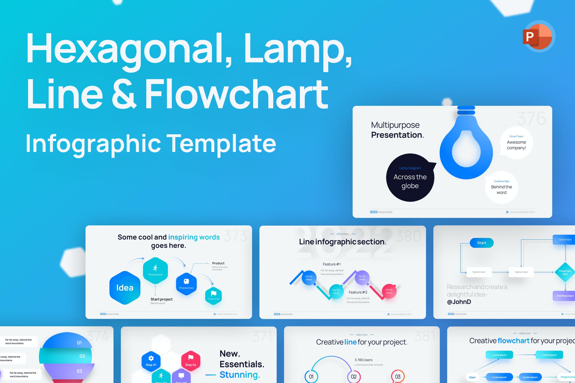 六边形/直线和流程图PPT模板下载 Hexagonal, Line & Flowchart PowerPoint Template