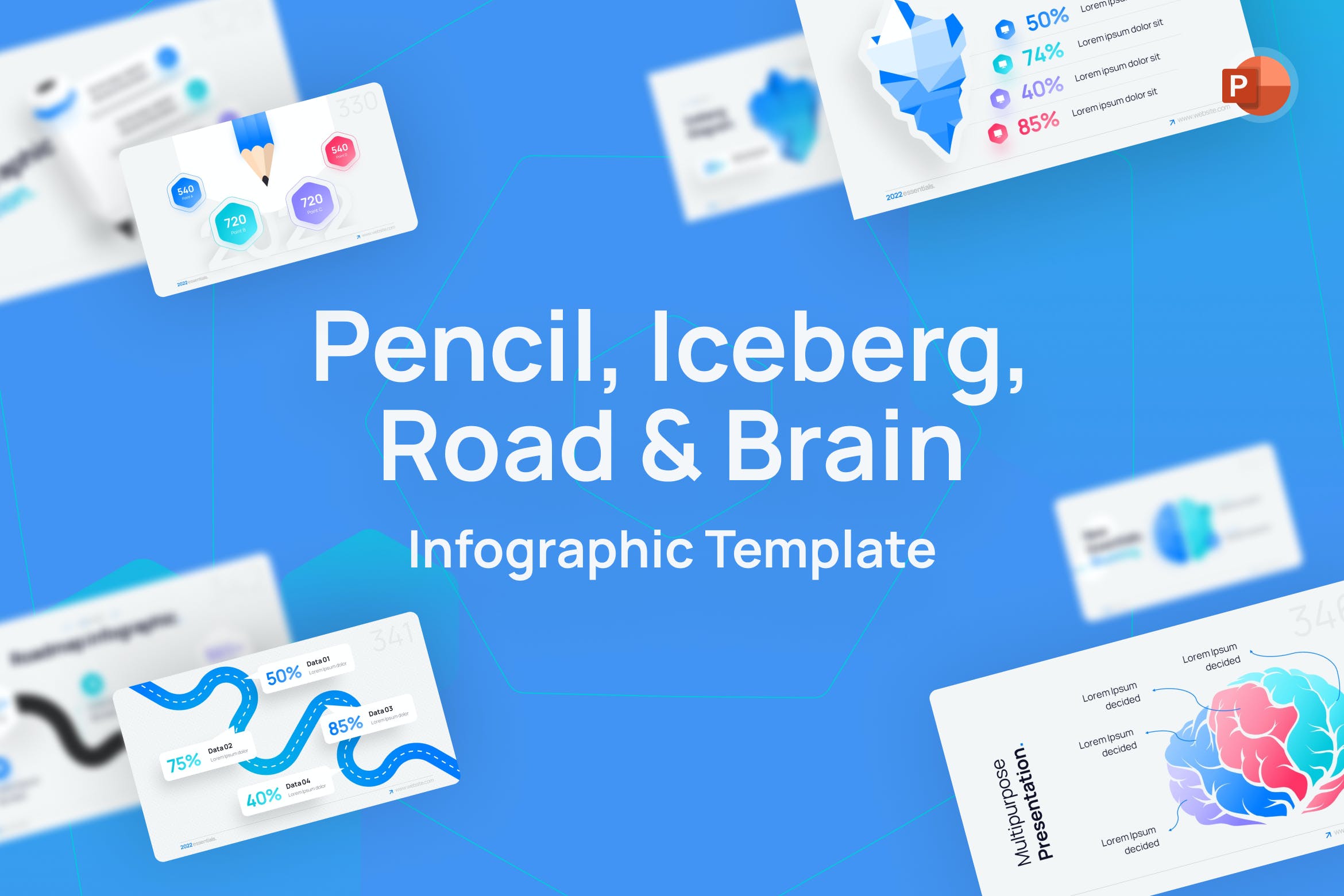 铅笔/冰山/道路和大脑图表PPT幻灯片模板下载 Pencil, Iceberg, Road & Brain PowerPoint Template