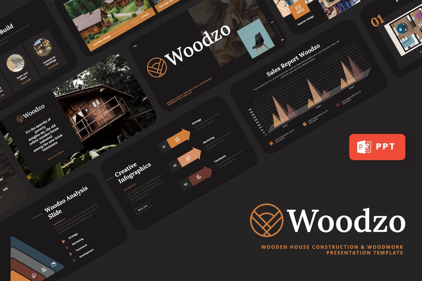 木屋房子建造PPT幻灯片模板下载 Woodzo – Wooden House Powerpoint Template