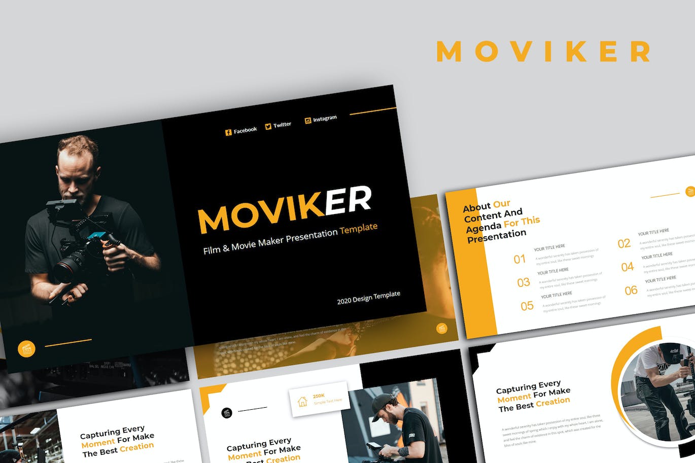 影视和电影制作PowerPoint演示模板 Moviker – Film & Movie Maker PowerPoint Template