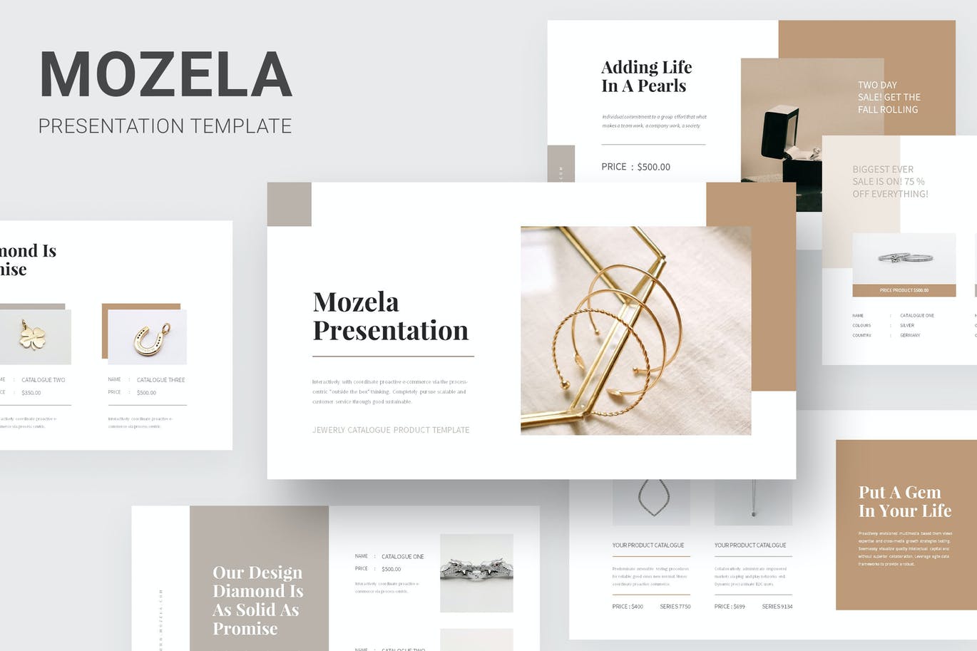 珠宝首饰品牌PowerPoint演示文稿模板 Mozela – Jewerly Catalogue Powerpoint Template