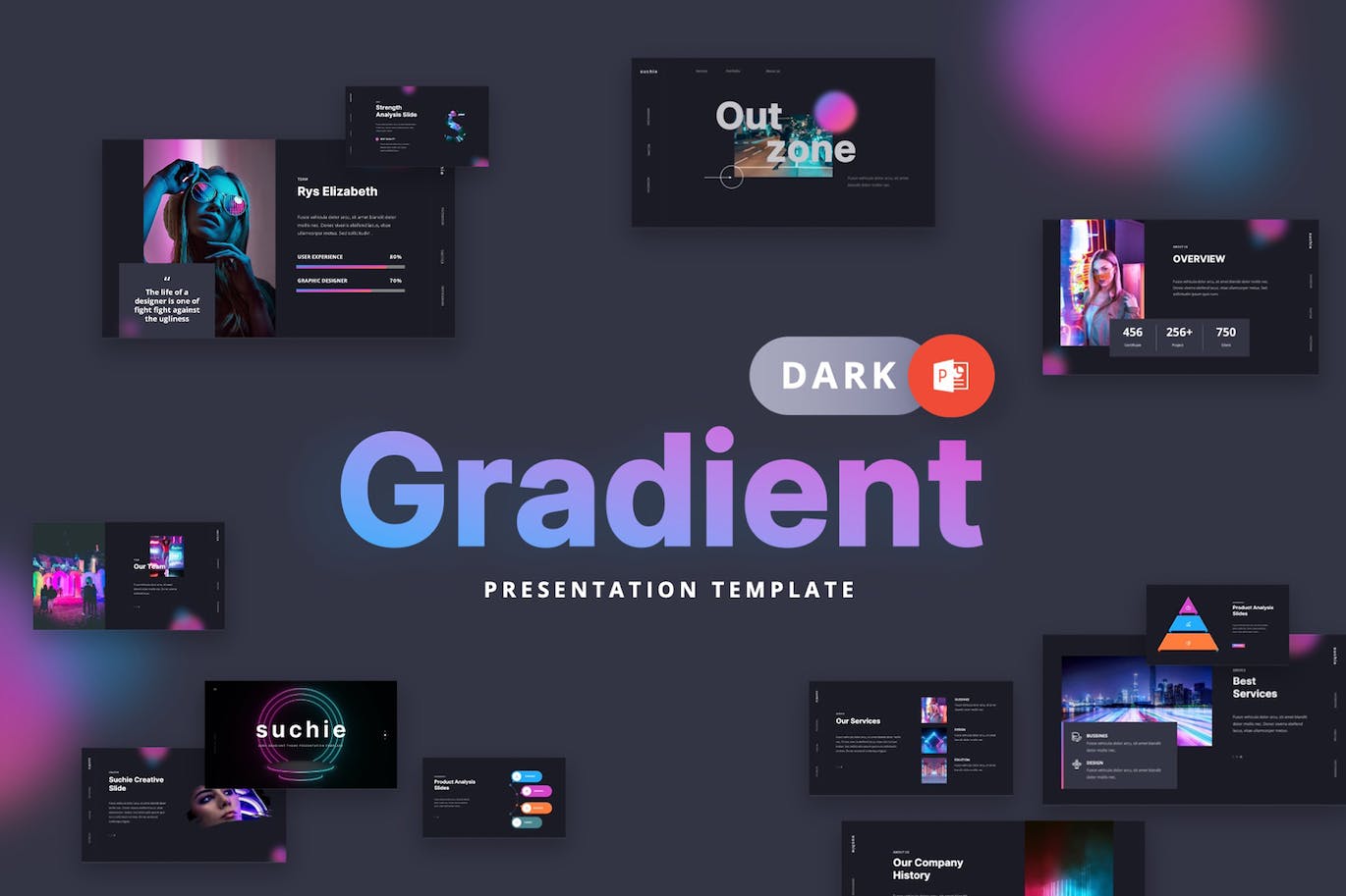 深色渐变主题Powerpoint幻灯片模板 Suchie – Dark Gradient Theme Powerpoint Template
