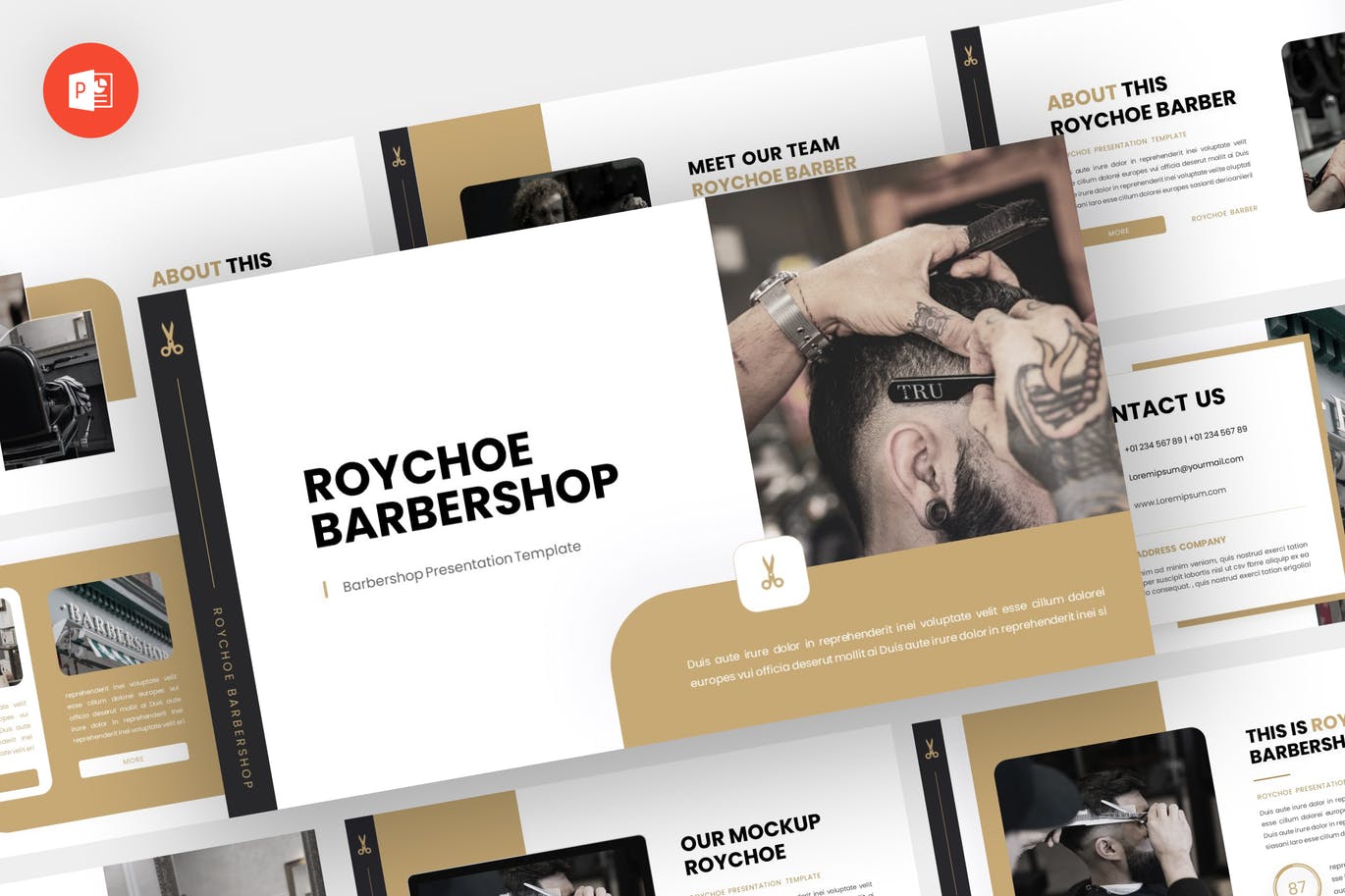 理发沙龙PPT幻灯片设计模板 Roychoe – Barbershop Powerpoint Template