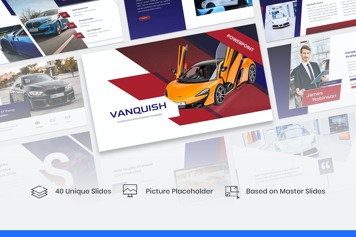 汽车业务展示PPT幻灯片模板素材 Vanquish – Automotive PowerPoint Template