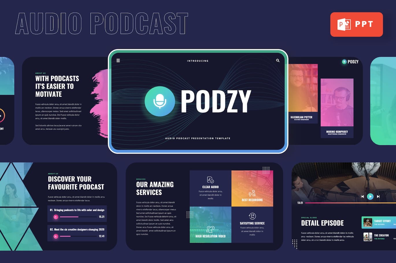 音频播客PPT模板 PODZY – Audio Podcast Powerpoint Template