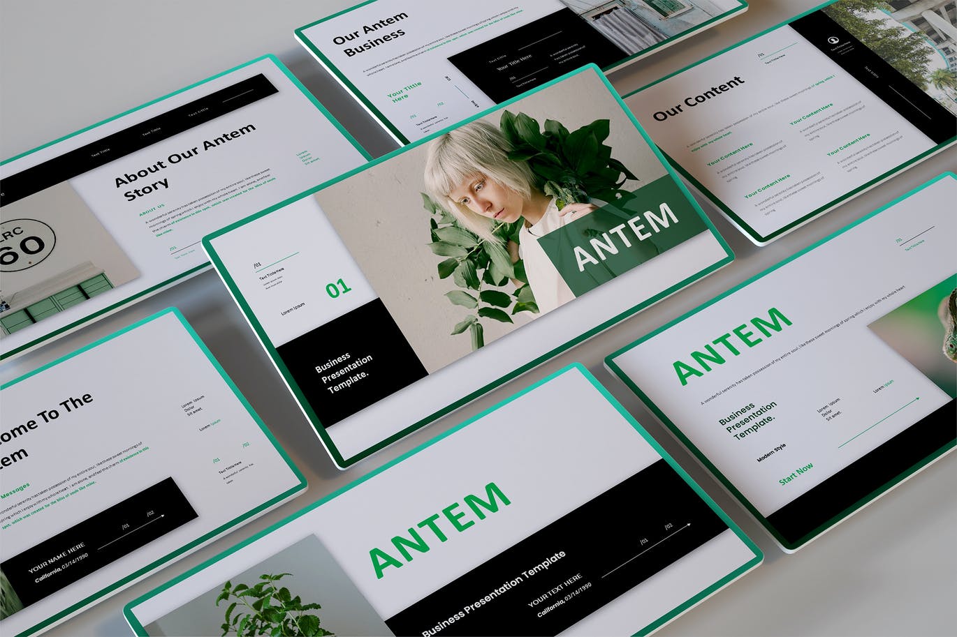 绿色优雅时尚清新人像摄影商务提案powerpoint模板