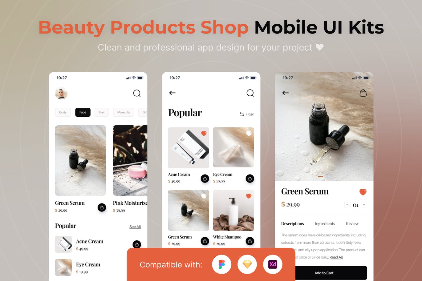 高端时尚清新简约多用途的化妆品淘宝电子商务APP UI KITS-FIG, SKETCH, XD