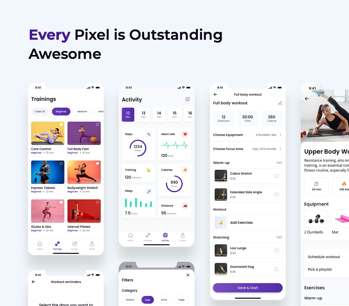 适用于IOS的高品质锻炼健身运动APP UI KITS-SKETCH, FIG, XD, PSD