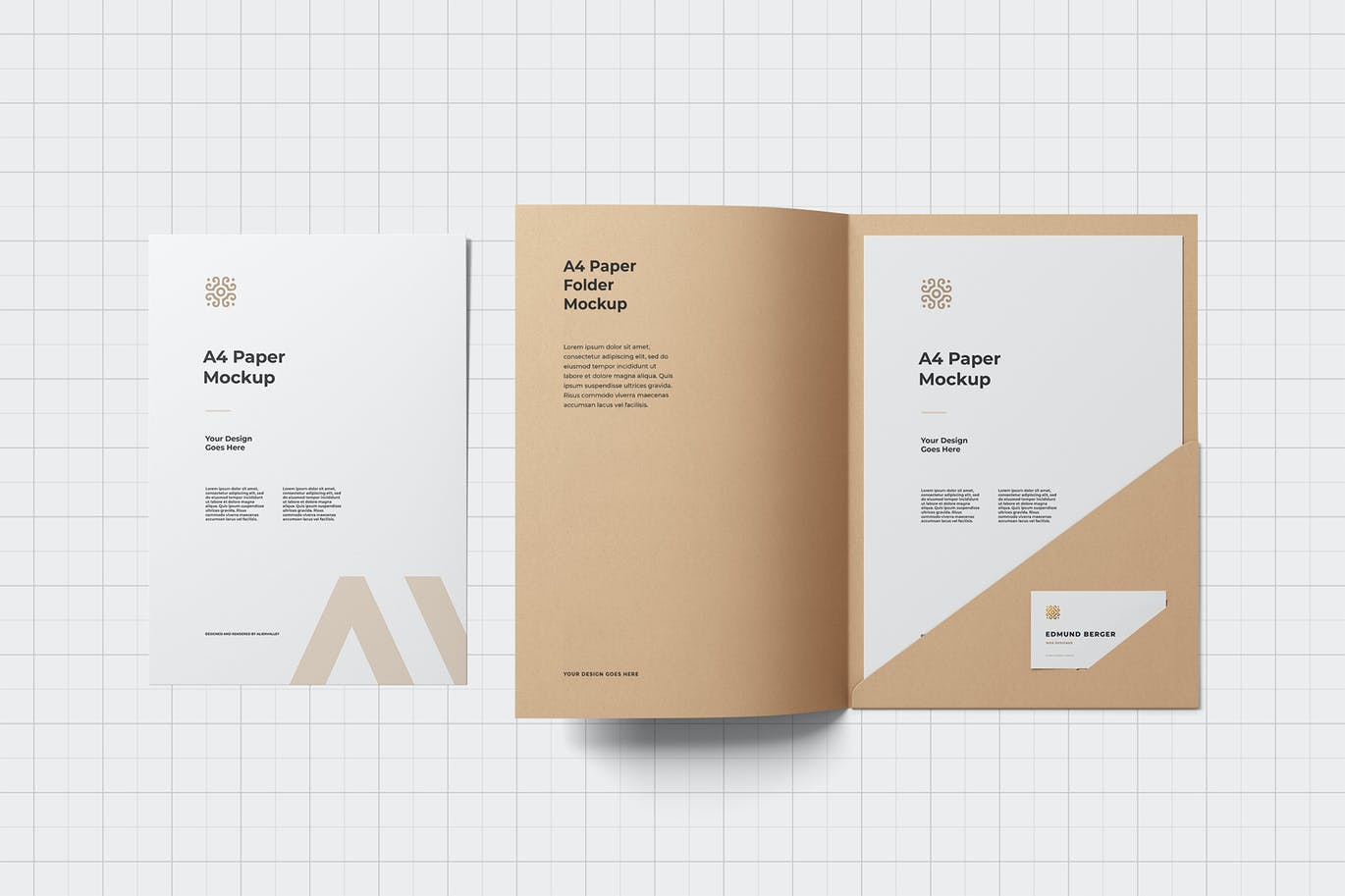 A4纸文件夹样机与名片VI设计样机展示模型mockups