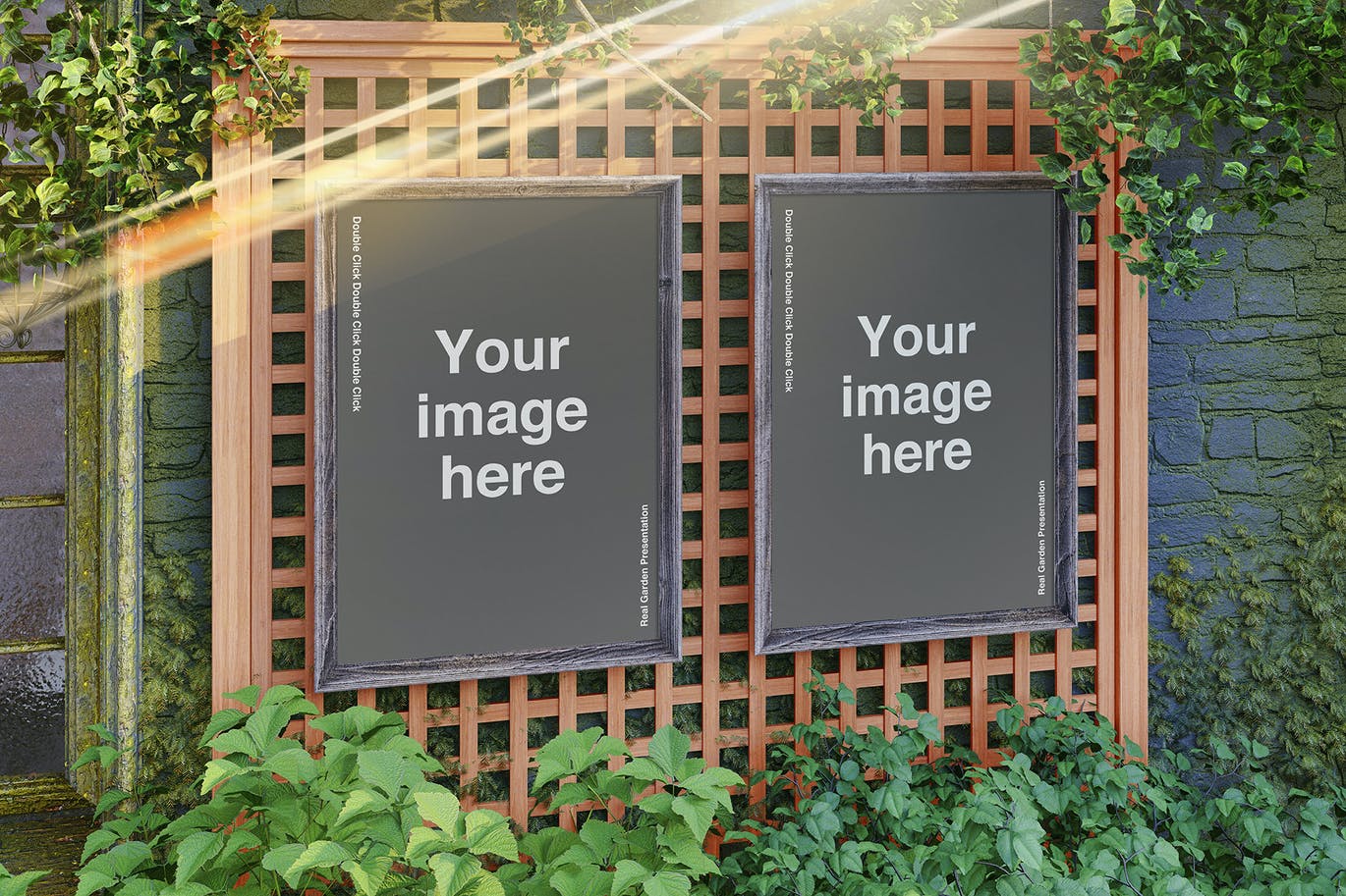 花园植物墙背景复古木框样机模板